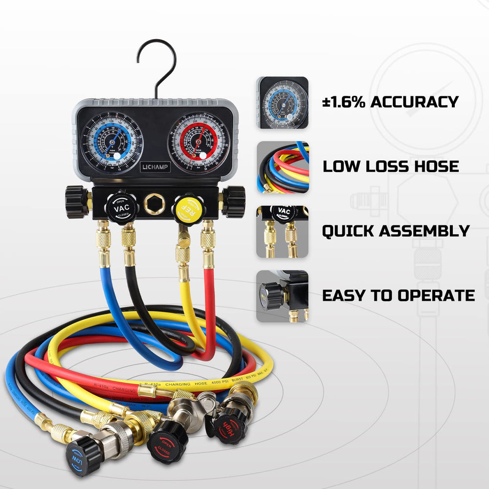 Lichamp detail of a 5 ft reinforced hose with 45-degree bend for easy access and leak resistance