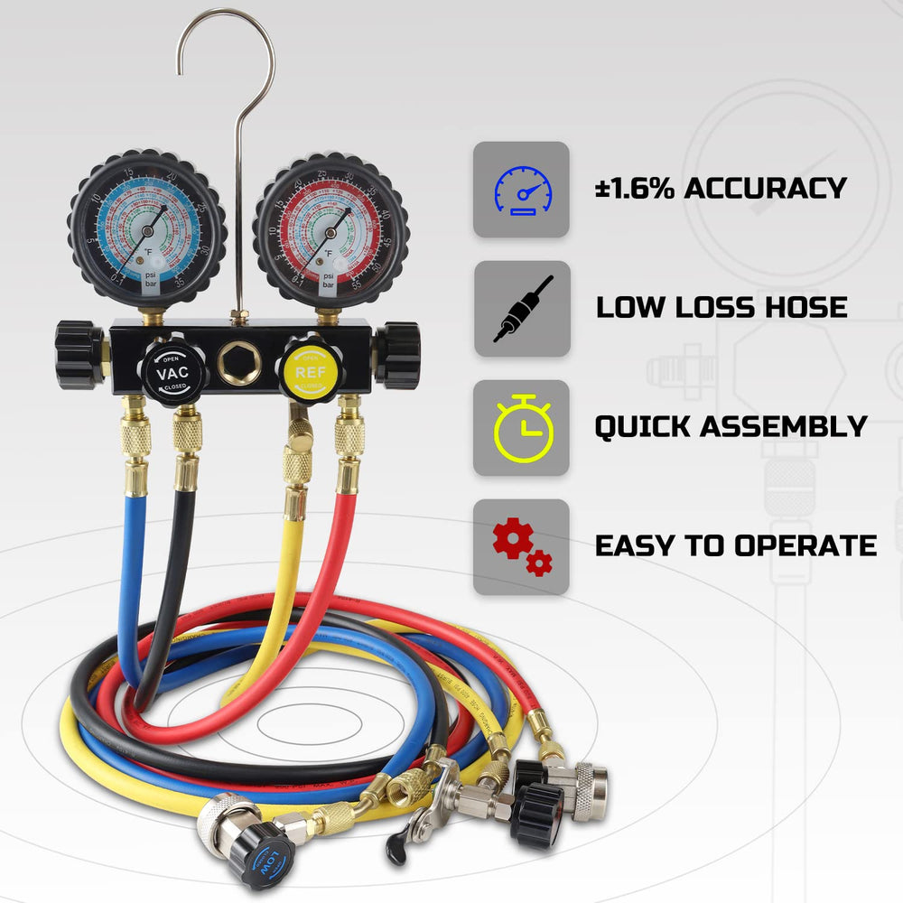 Lichamp color-coded hoses laid out to show red blue yellow and black hose identification benefits