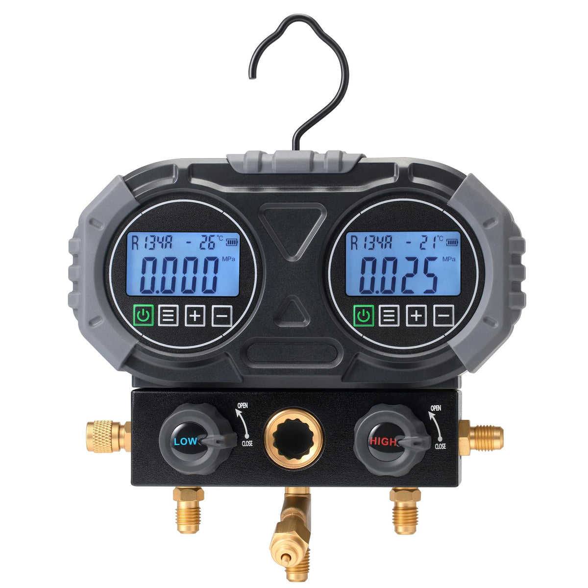 Lichamp front view of digital manifold showing compact layout and portability benefit