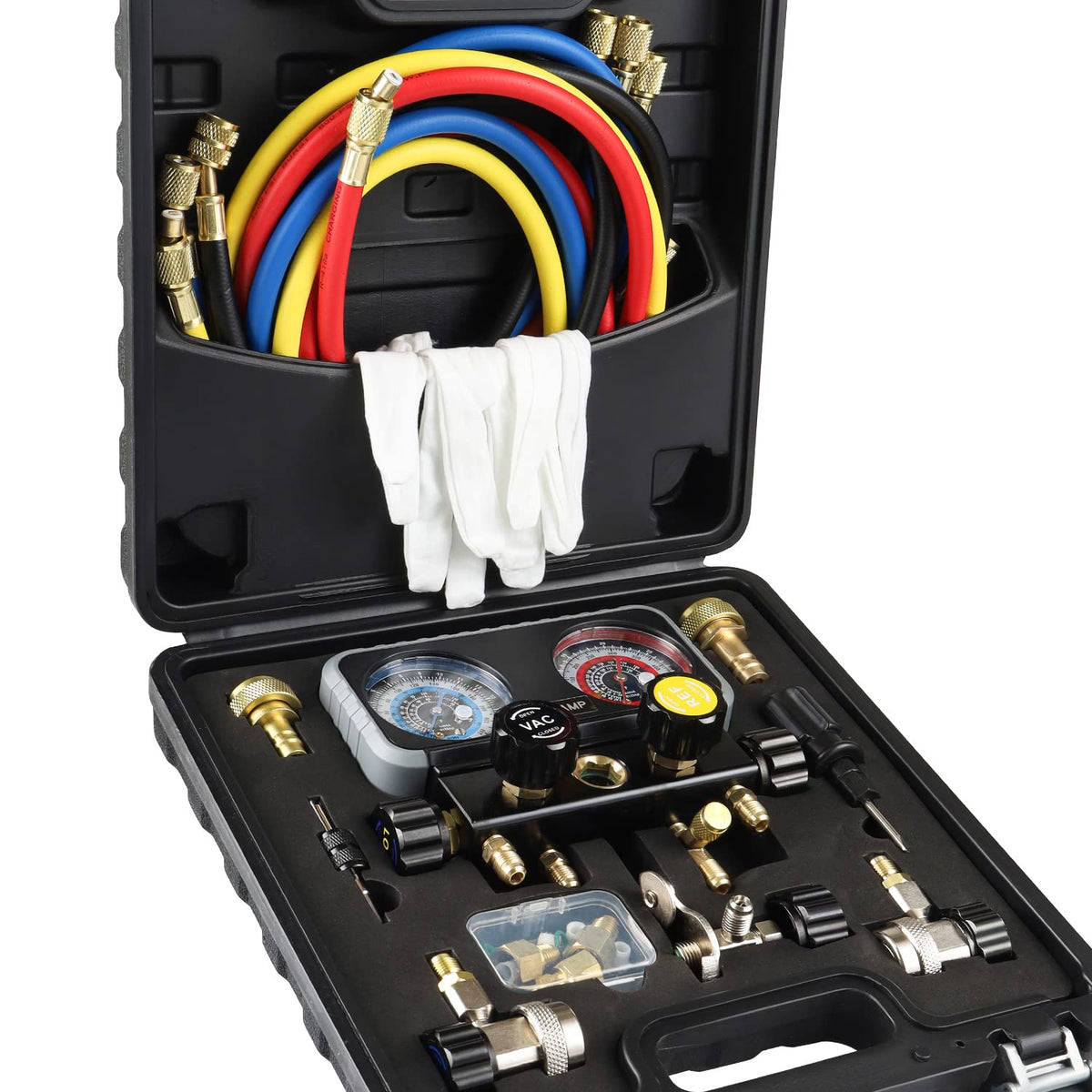 Lichamp front view of 4-valve manifold gauge set showing robust controls and ports for efficient service