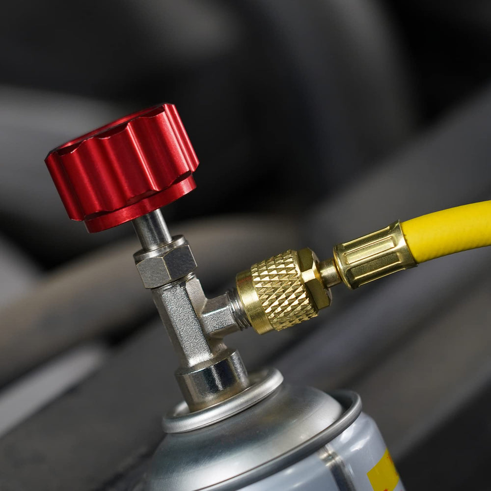 Lichamp kit in use on car A/C service demonstrating faster refrigerant hookup