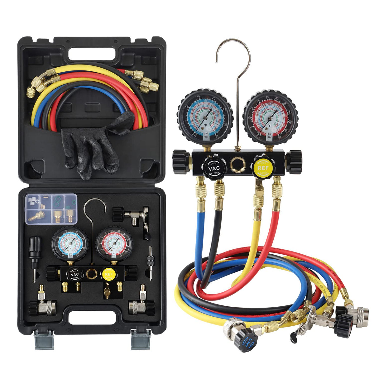 Lichamp manifold front view showing four-valve block and gauges for accurate diagnostics
