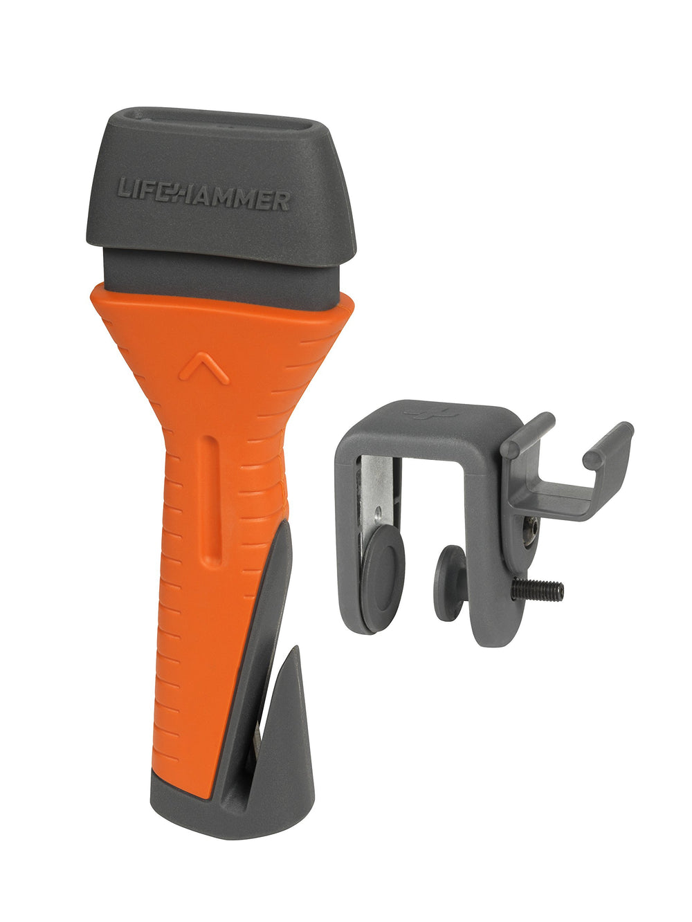 Lifehammer front view showing compact emergency hammer and quick-click mount for accessibility