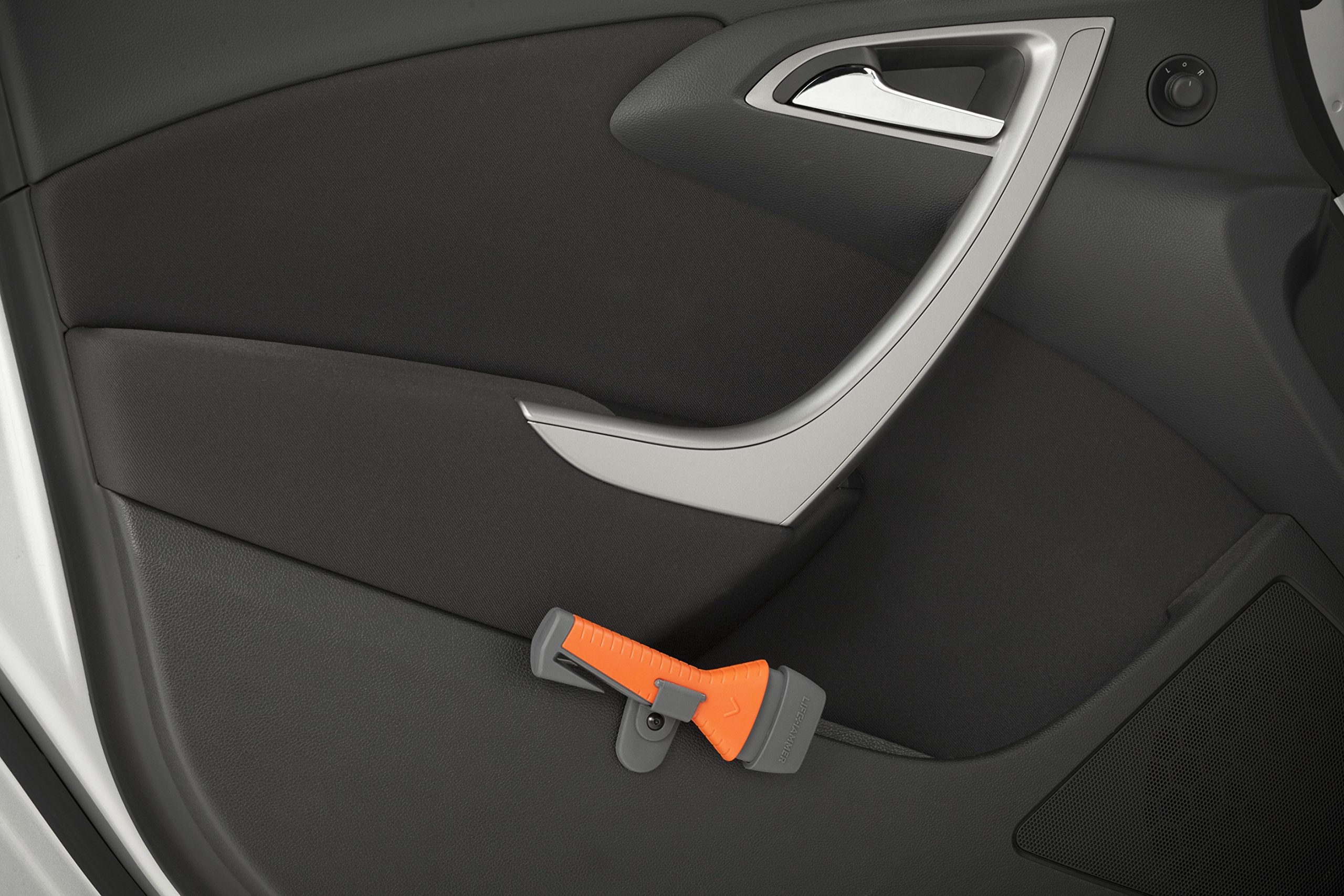 Lifehammer mounted on car door using quick click system for immediate reach