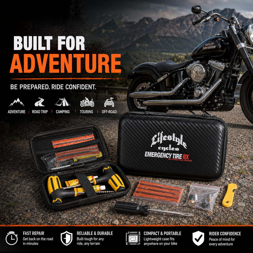 LIFESTYLE CYCLES kit stored in a saddlebag for roadside readiness