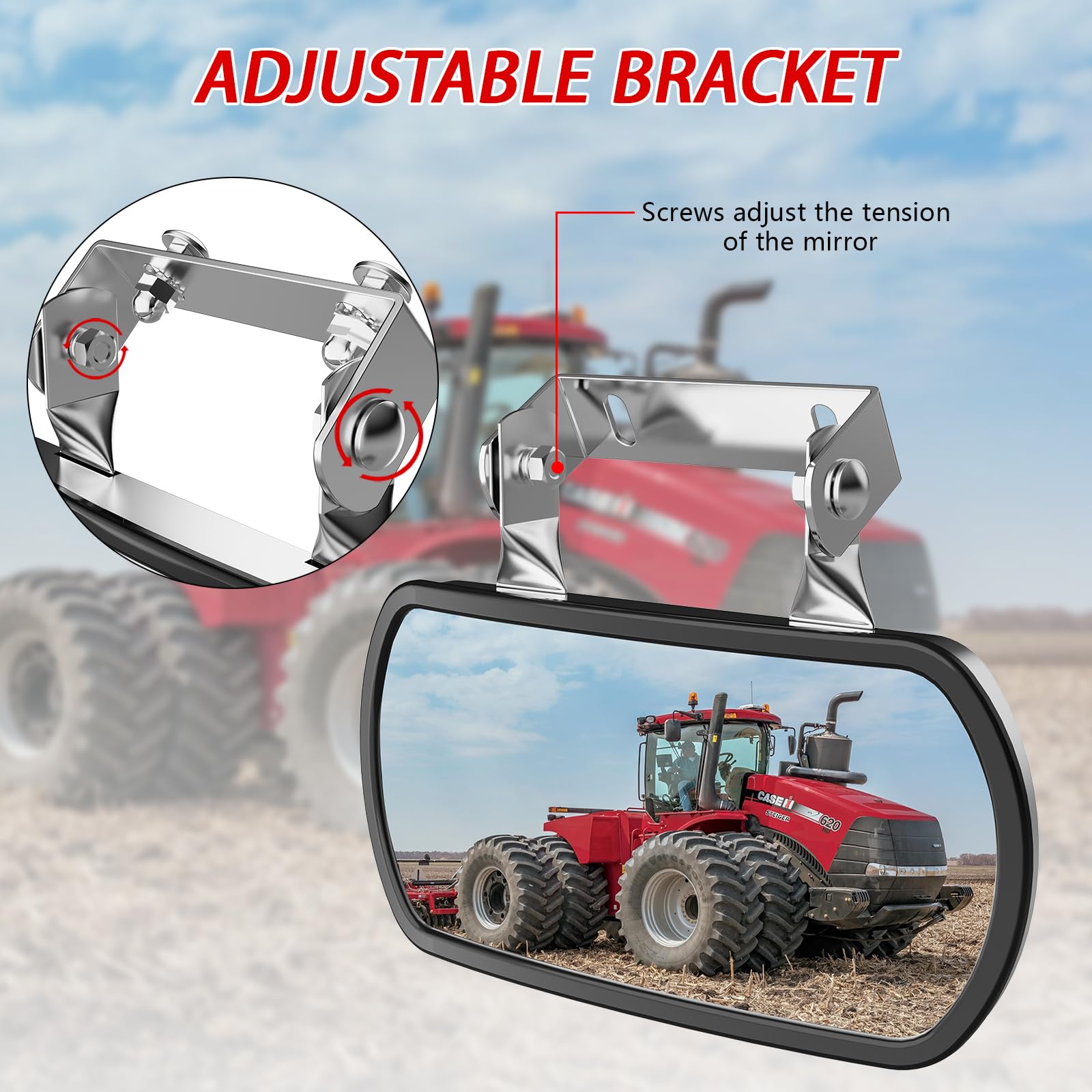 Lifronkit mirror mounted on a tractor demonstrating improved rear visibility and stability