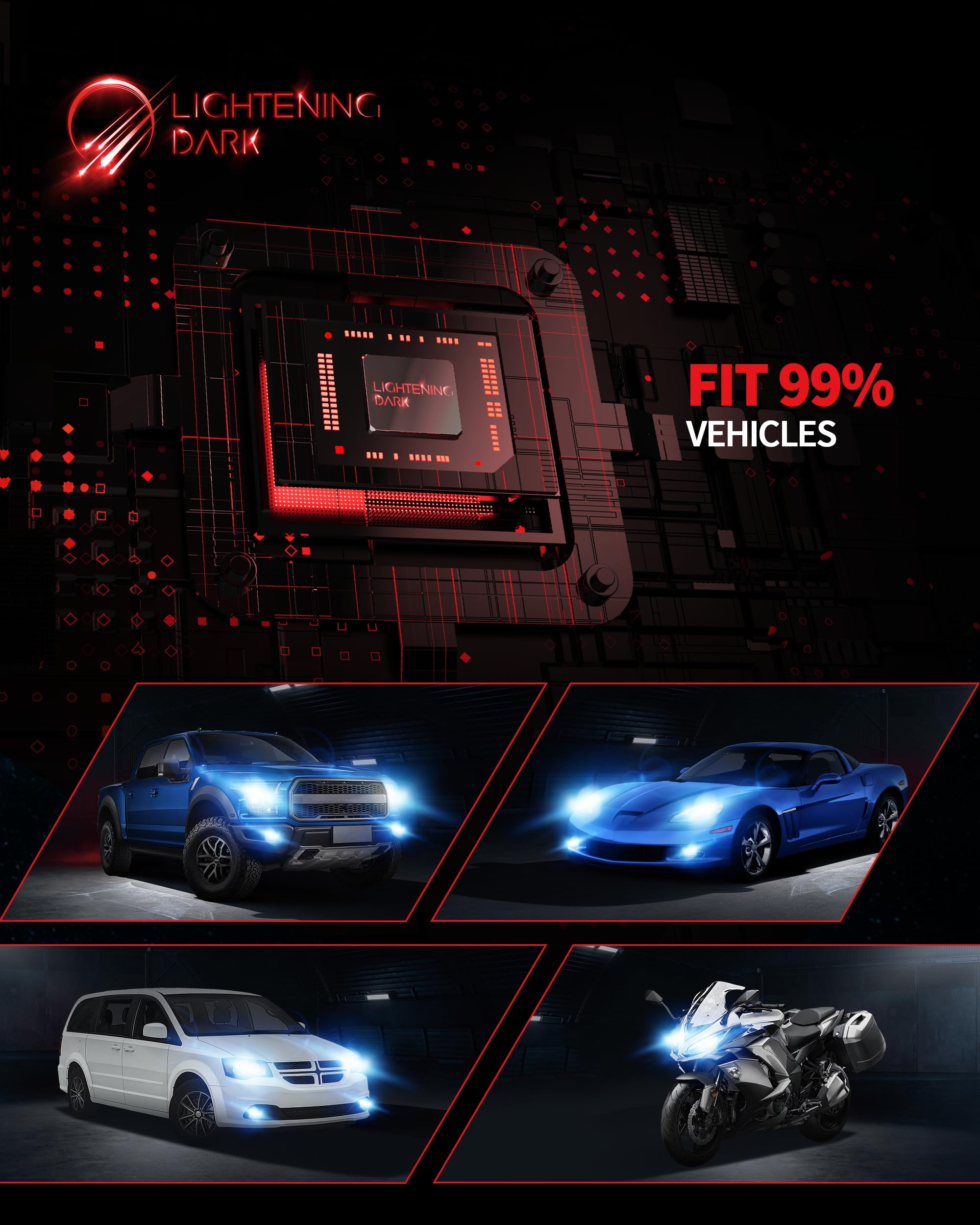 LIGHTENING DARK product packaging with decoders and installation accessories included