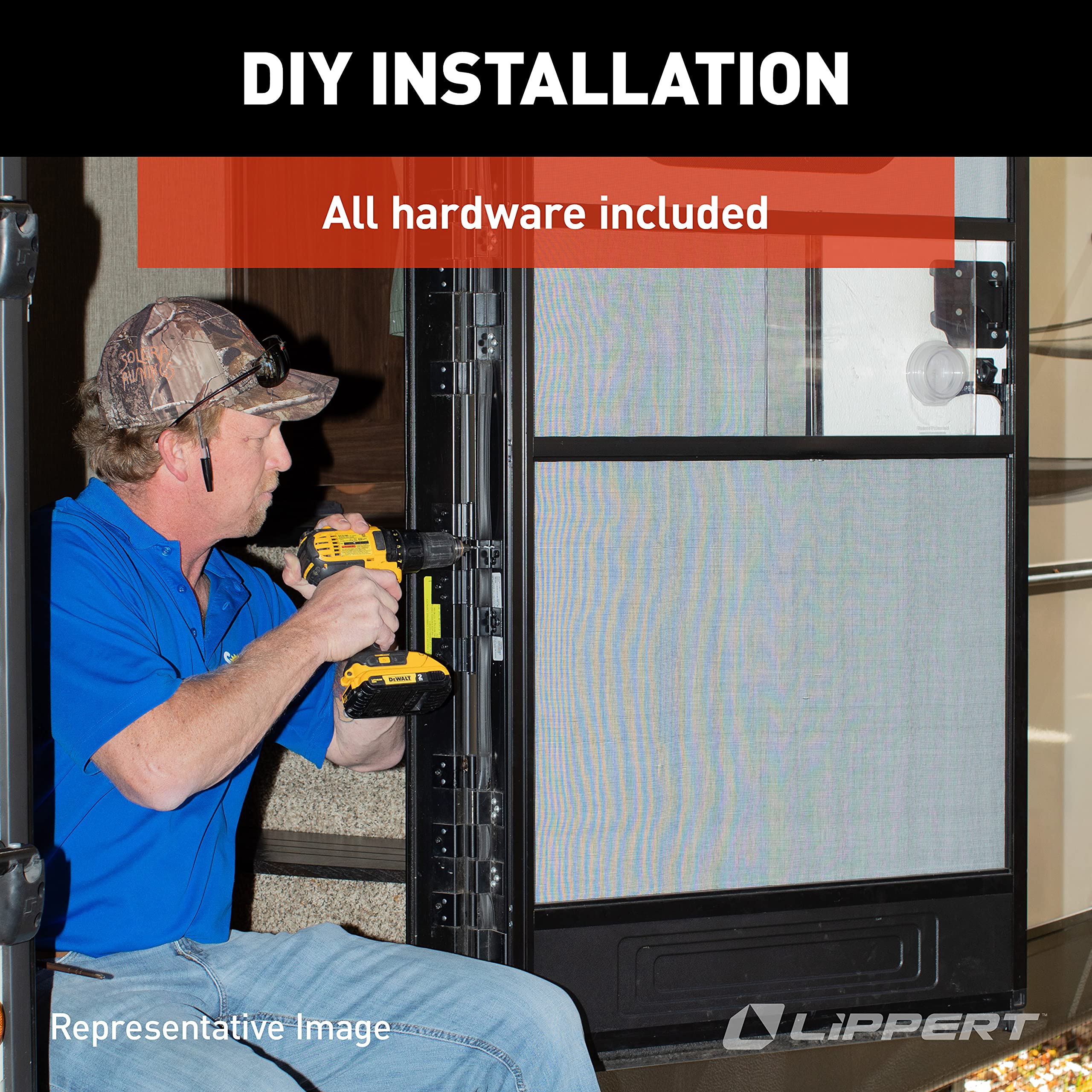 Lippert Components hinge installed on RV door demonstrating stable, wind-resistant benefit