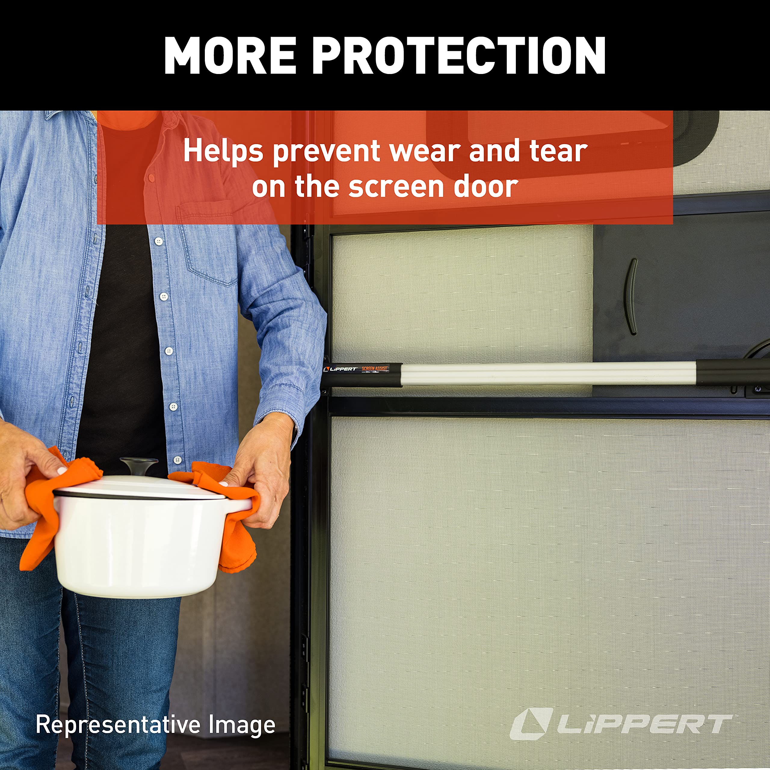Lippert Components Screen Assist being used while carrying groceries for hands-free exit