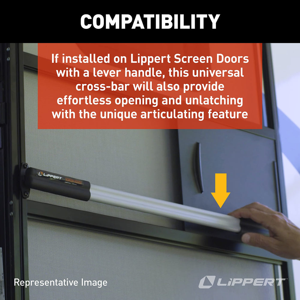 Lippert Components Screen Assist integrated with lever-style handle for simple unlatching