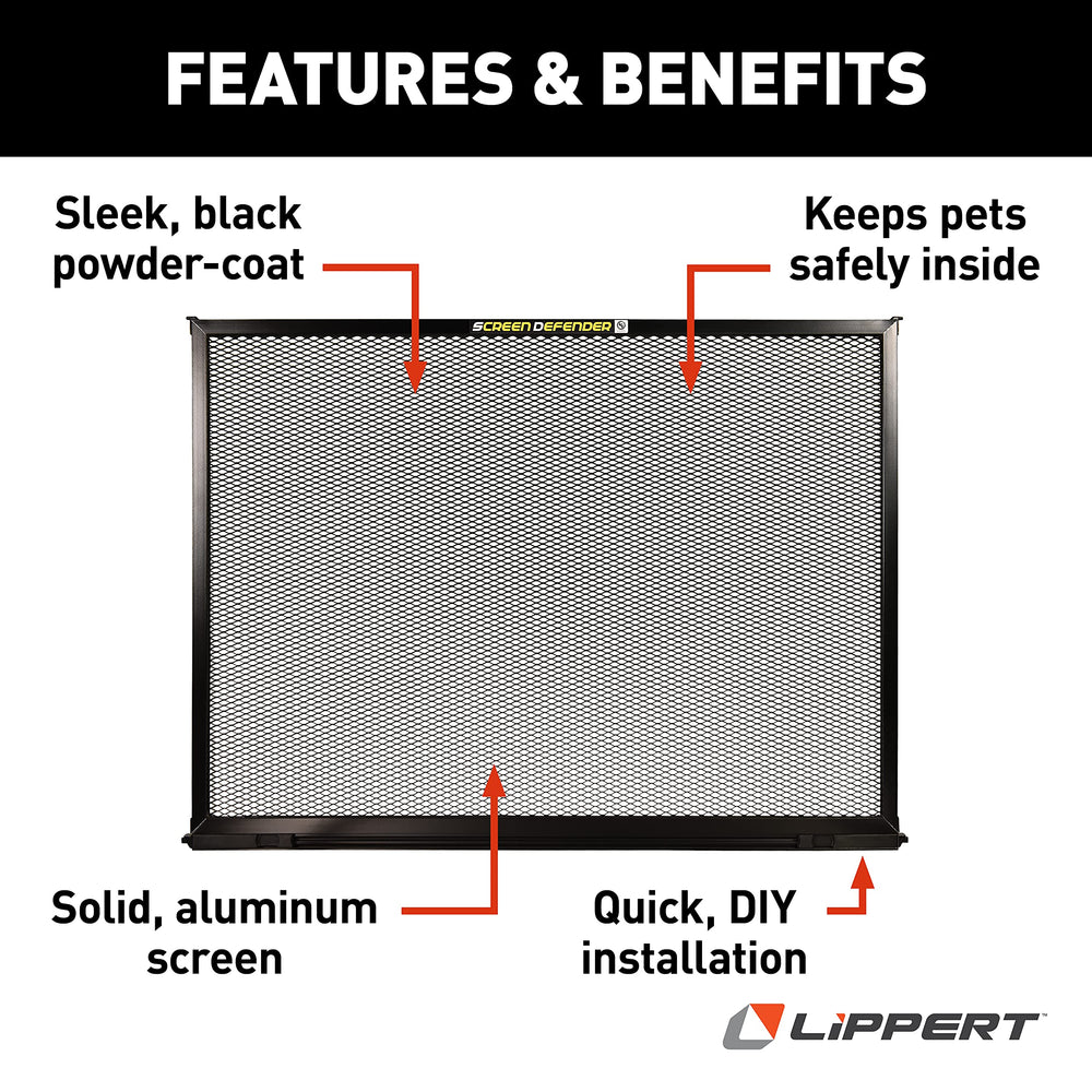 Size and scale photo of Lippert Screen Defender beside a tape measure for accurate fitting guidance