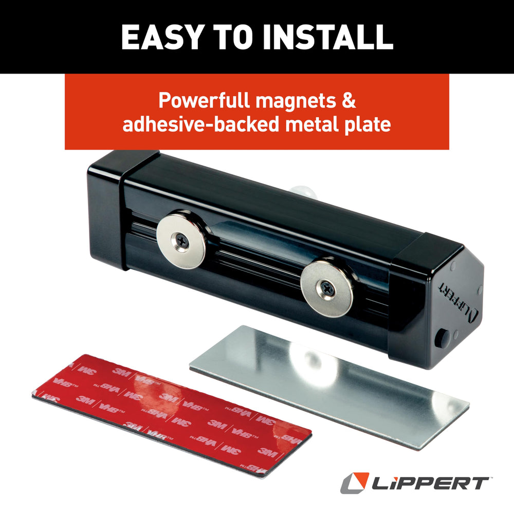Lippert Components adhesive-backed metal plate and light showing no-drill installation option