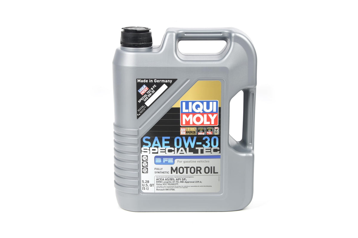 LIQUI MOLY front packaging of 5L Special Tec B FE 0W-30 showing product details and ease of storage