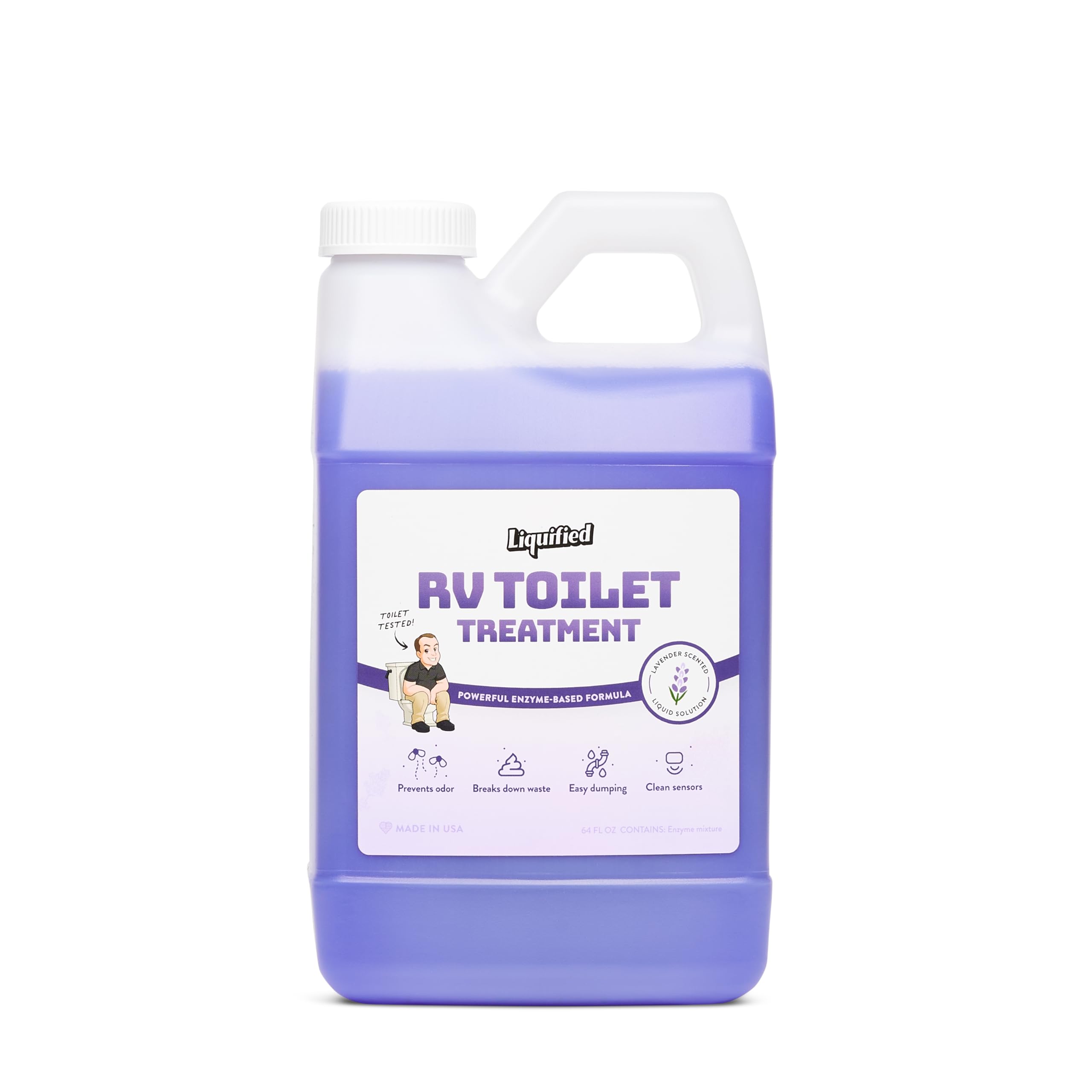 Liquified RV Toilet Treatment front label showing lavender scent and 64oz benefit
