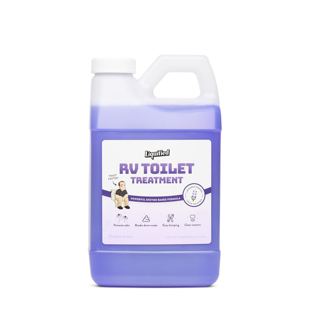 Liquified RV Toilet Treatment front label showing lavender scent and 64oz benefit