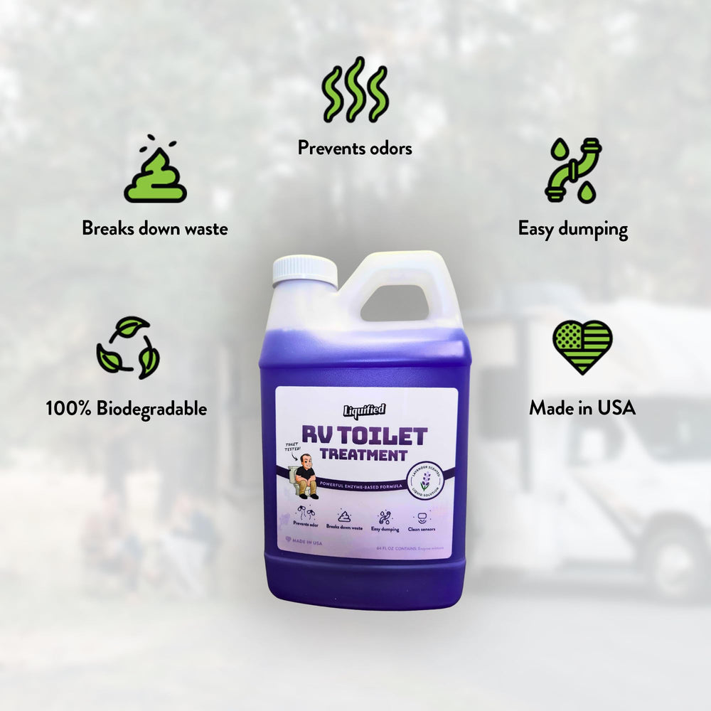 Liquified RV Toilet Treatment bottle with lavender sprig highlighting fresh scent