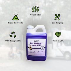 Liquified RV Toilet Treatment bottle with lavender sprig highlighting fresh scent