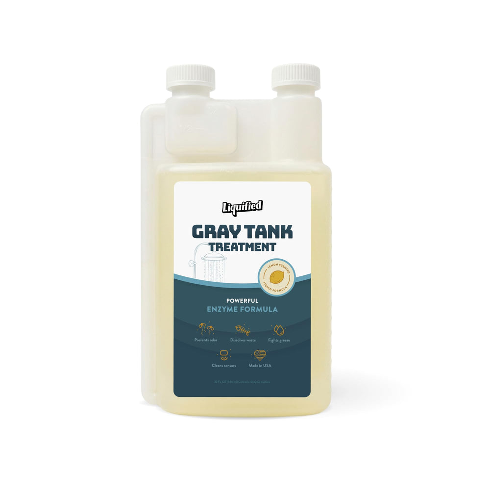 Liquified RV Toilet Treatment front bottle showing clear product for easy dumping