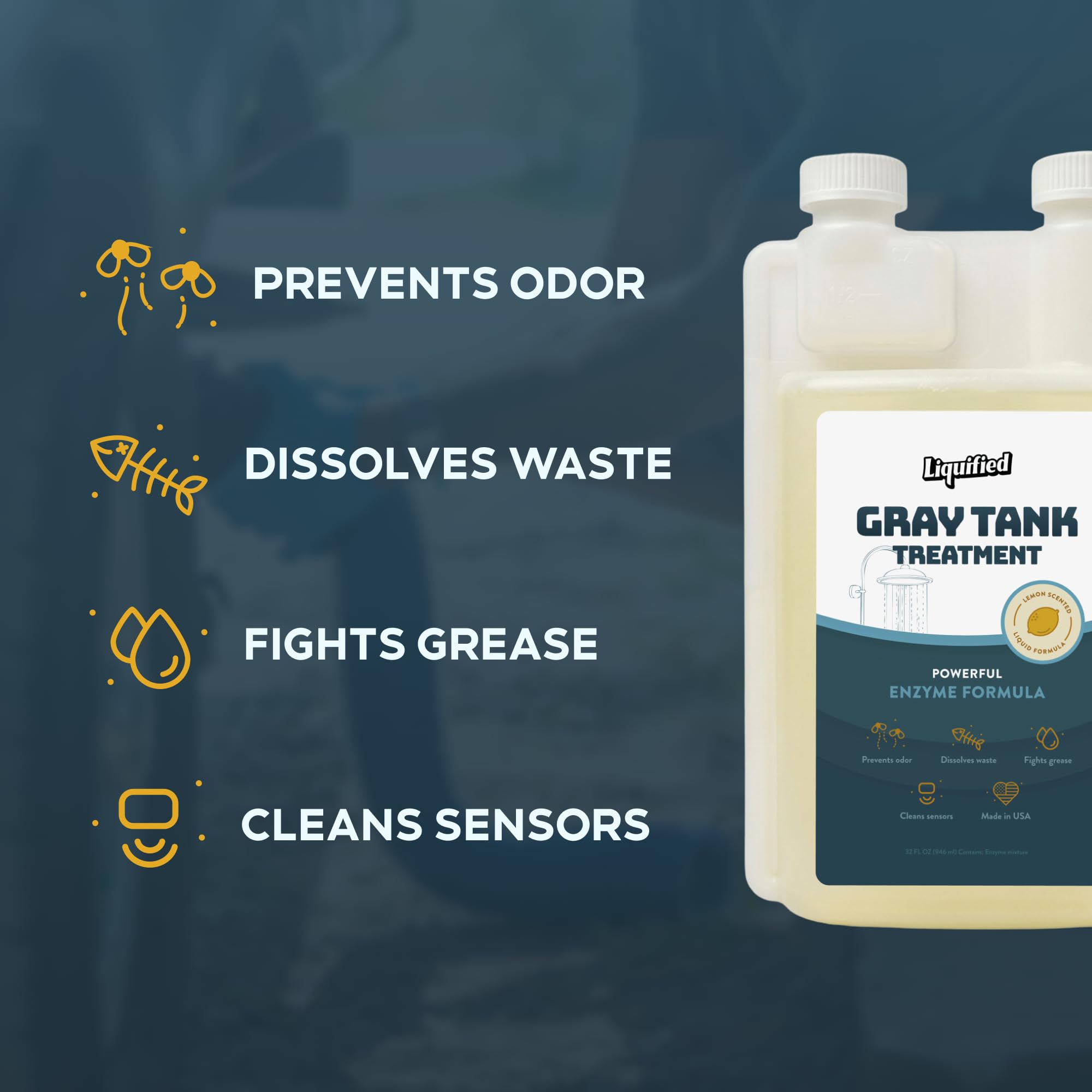 Liquified RV Toilet Treatment added to toilet bowl to reduce odors and clogs