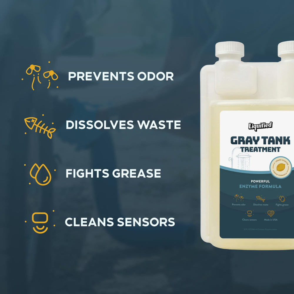 Liquified RV Toilet Treatment added to toilet bowl to reduce odors and clogs