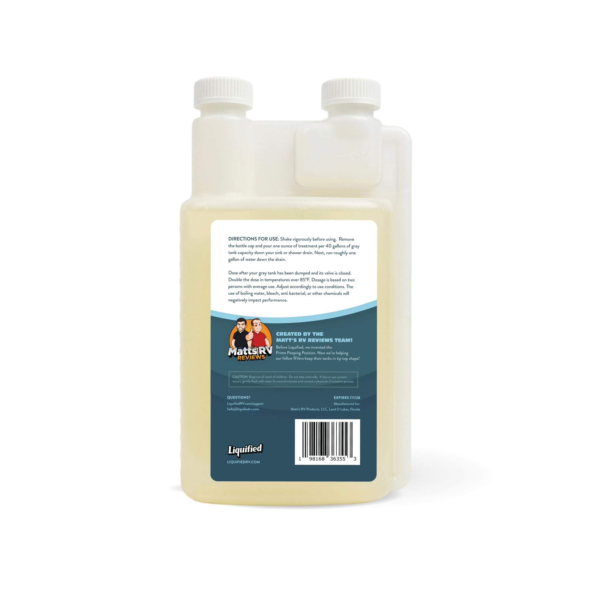 Liquified RV Toilet Treatment label closeup highlighting enzyme digester benefits