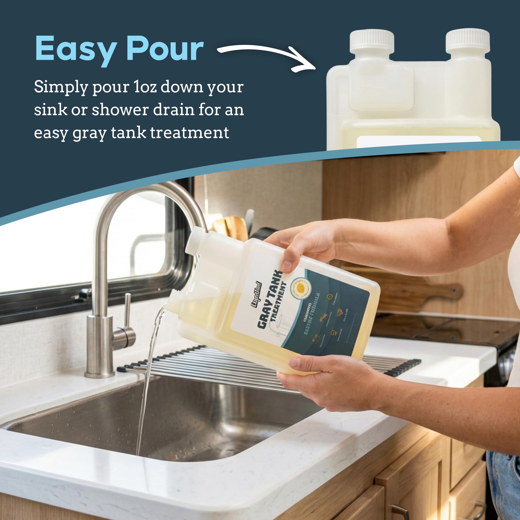 Liquified RV Toilet Treatment before and after tank clean demonstrating buildup removal