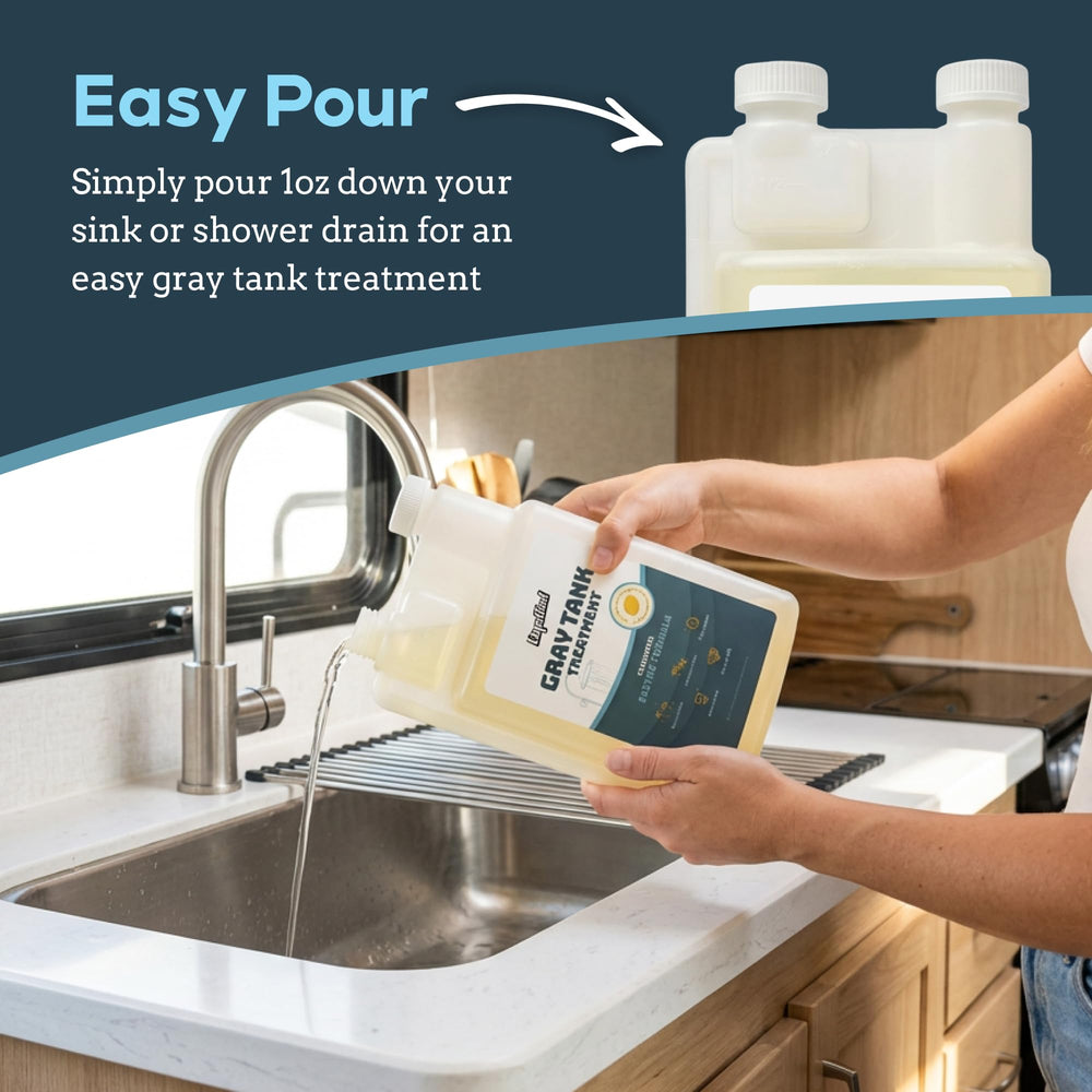 Liquified RV Toilet Treatment before and after tank clean demonstrating buildup removal