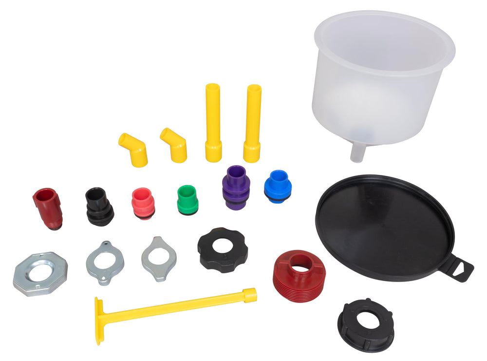 Lisle clear funnel front view showing 19-piece kit and organized adapters for fast fills