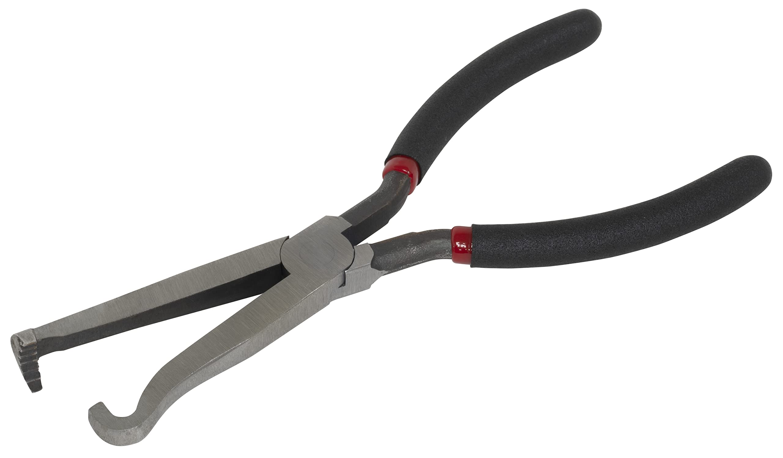 Lisle 37960 pliers front view showing hooked tip and dual durometer grips for comfort