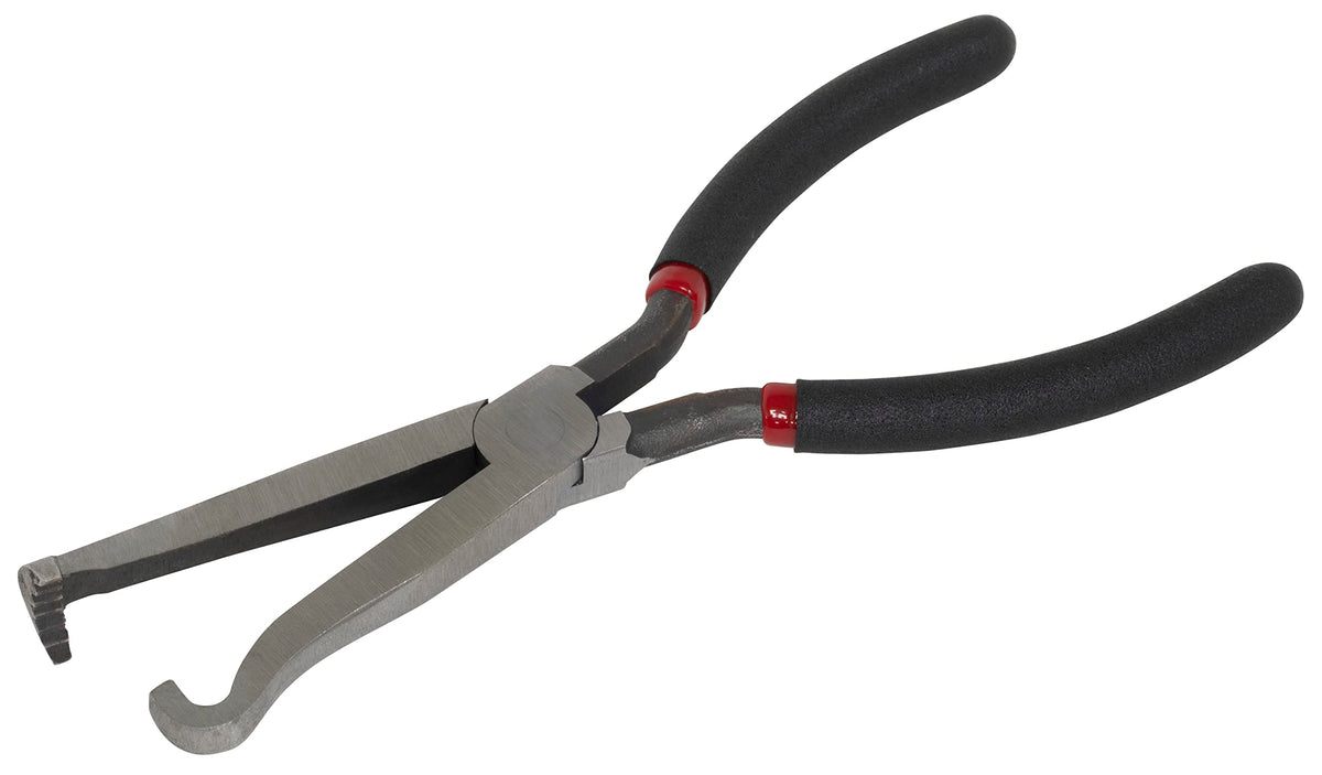 Lisle 37960 pliers front view showing hooked tip and dual durometer grips for comfort