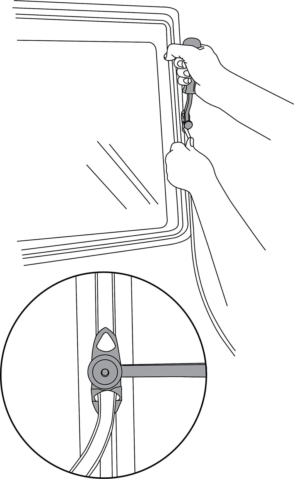 Lisle tool in use on a tractor windshield illustrating clearance and safe strip seating