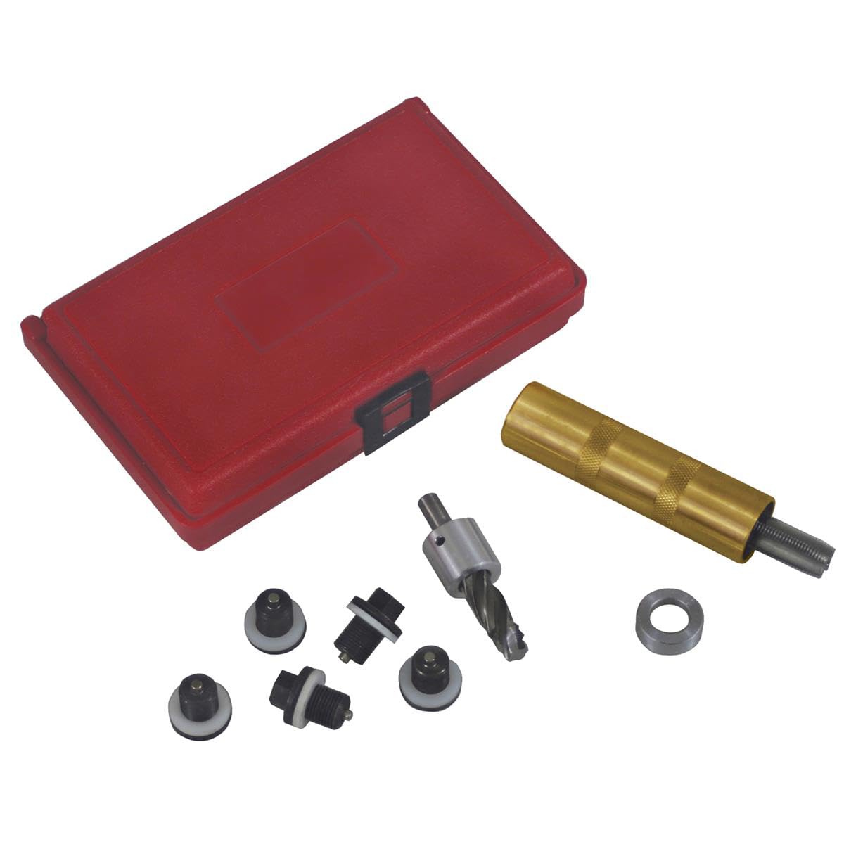 Lisle spring-loaded tapping tool close-up showing pilot and alignment, ensures perpendicular threads