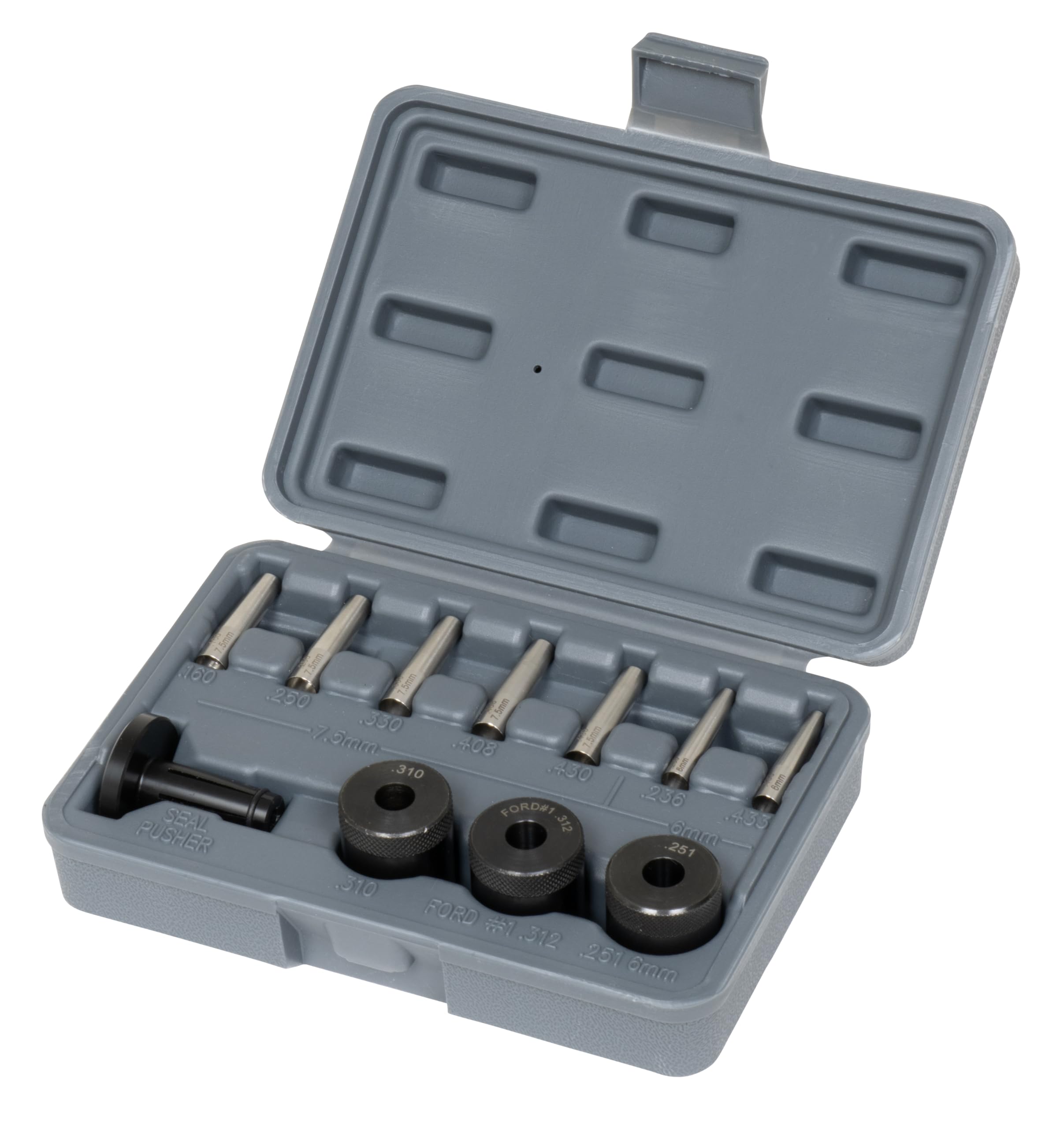 Lisle injector seal installer kit front view showing all 11 pieces and organized layout