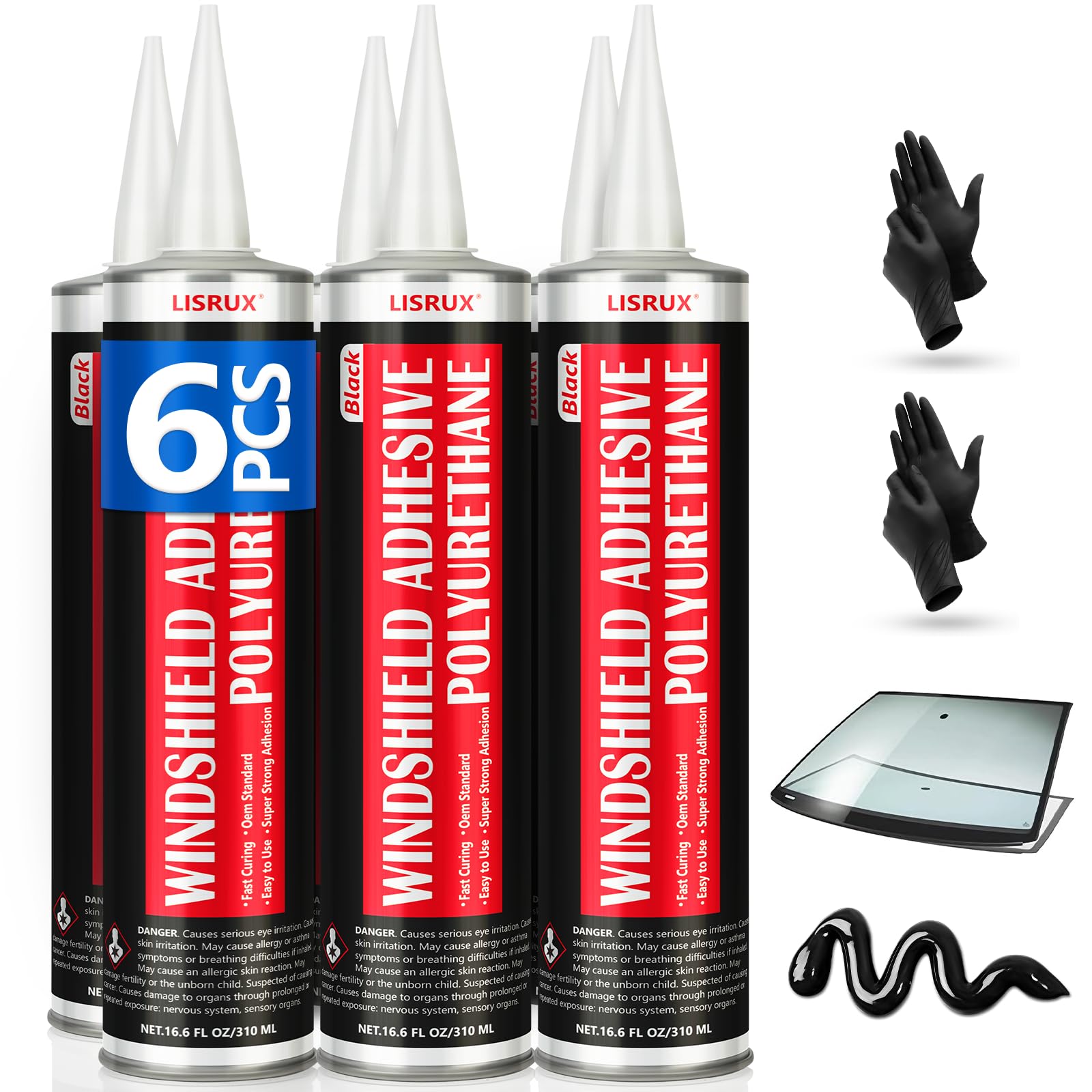 LISRUX six-pack front packaging showing six 310ml cartridges and included tools for quick installs