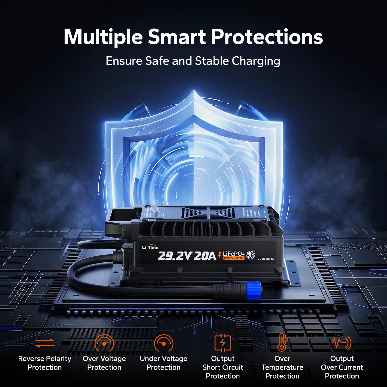 LiTime LED indicator panel showing status lights for easy charge monitoring