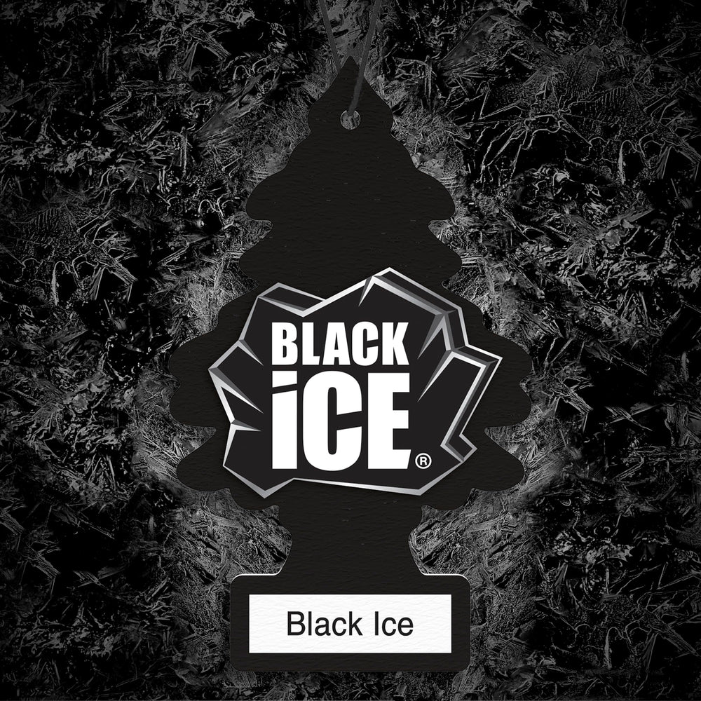 LITTLE TREES Black Ice label detail highlighting scent notes and quality