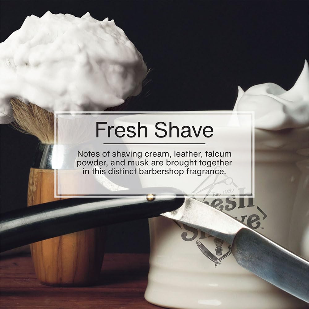 LITTLE TREES label close-up showing Fresh Shave notes and usage instructions
