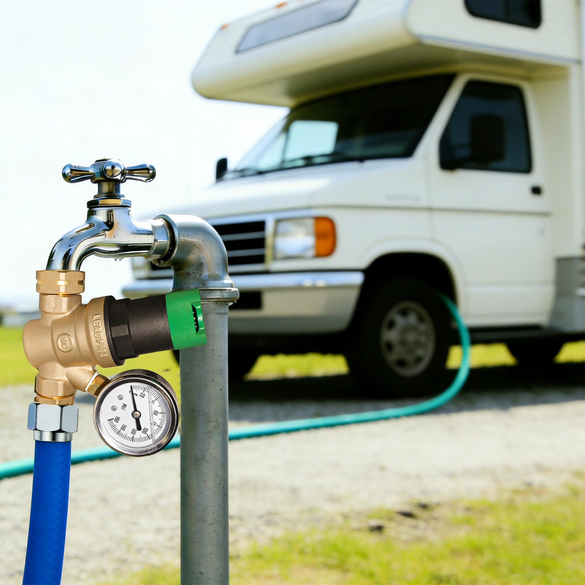 LIULO TOOL in campsite setting showing regulator protecting camper plumbing while outdoors benefit