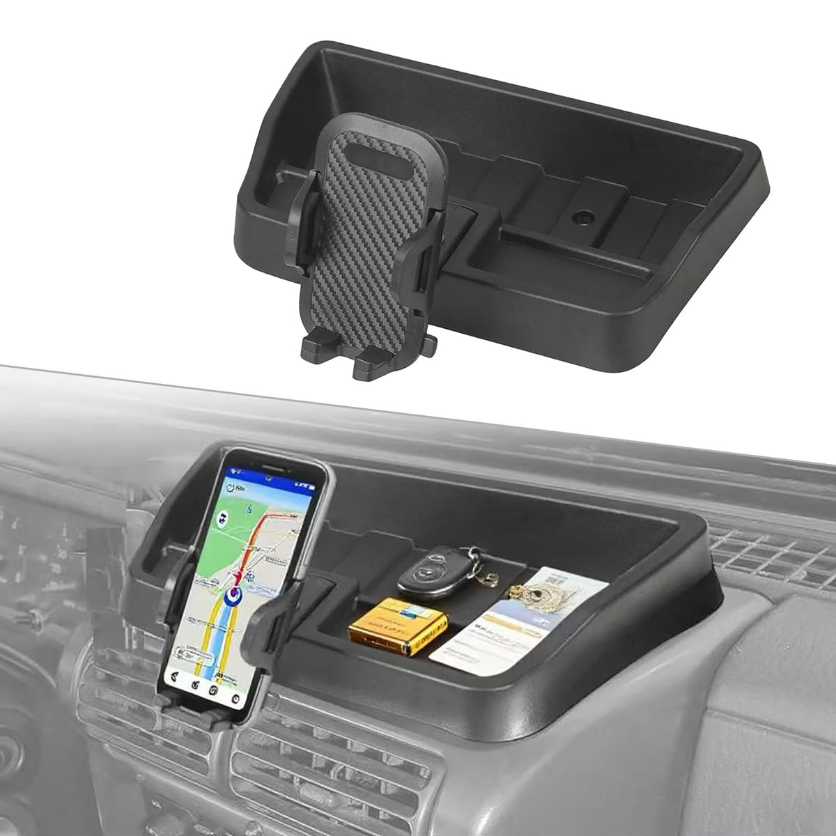 LIUQING front-mounted phone holder showing secure fit and easy reach