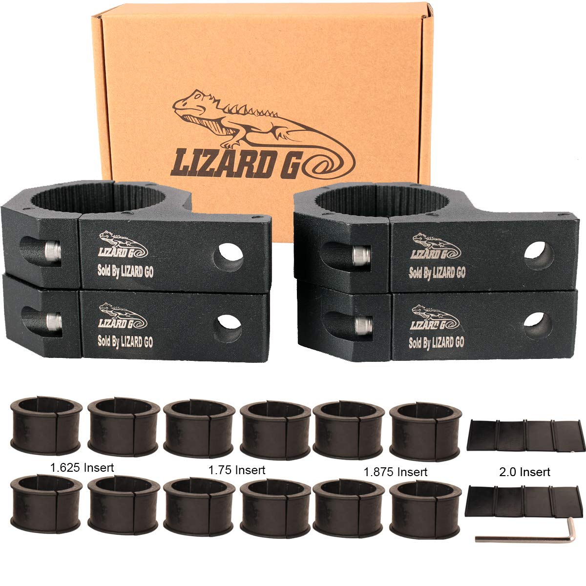 LIZARD GO front view of four clamps showing compact alloy design and durable finish