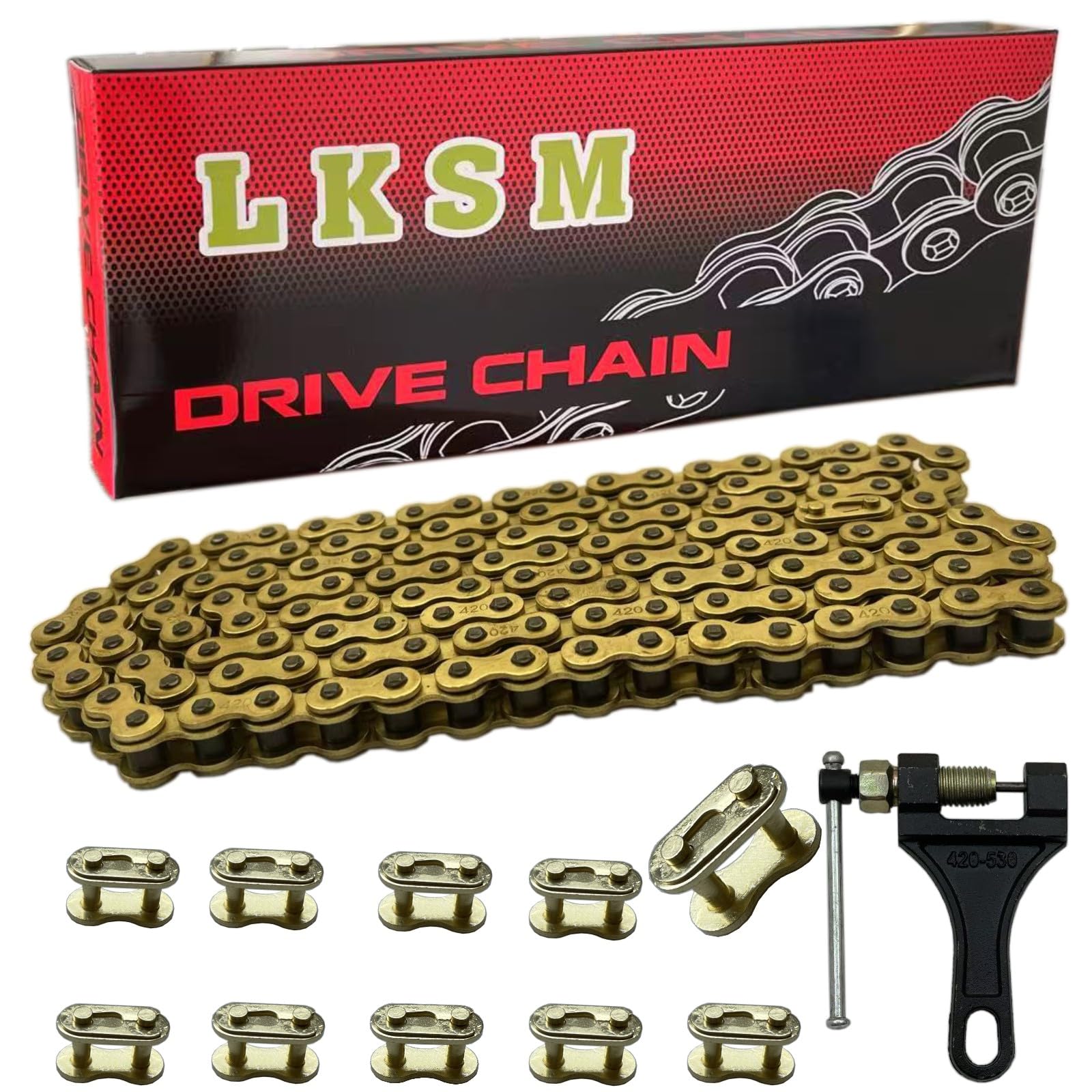 LKSM 420 front packaging showing chain and included tool for quick install
