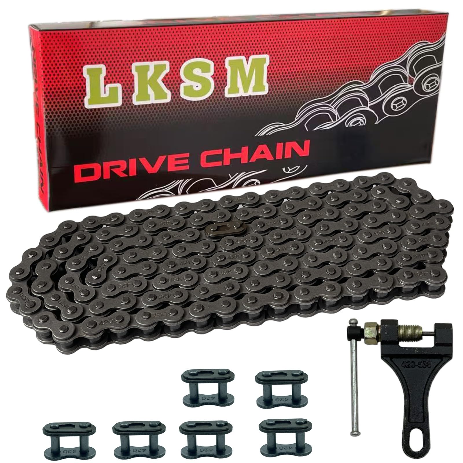 LKSM front packaging showing full 420 chain kit and easy installation benefit