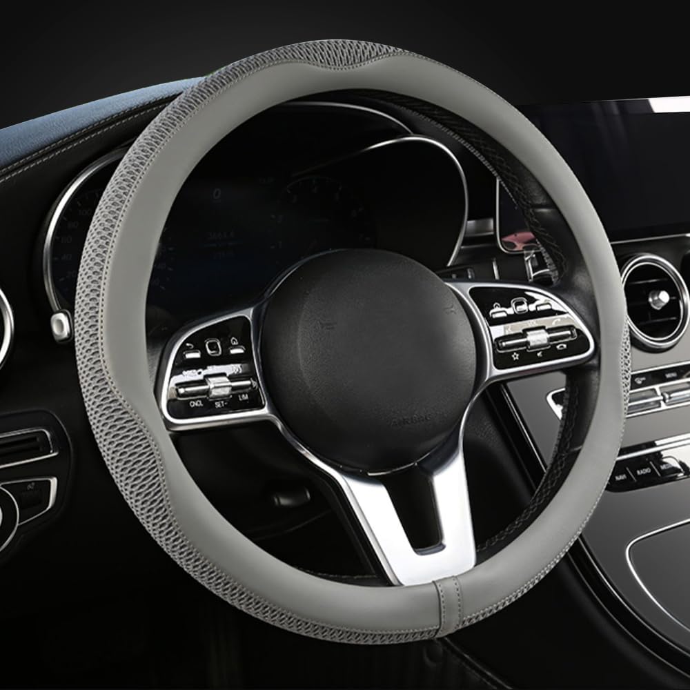 LKWLIKEI front view showing grey steering wheel cover and stylish finish, adds interior flair