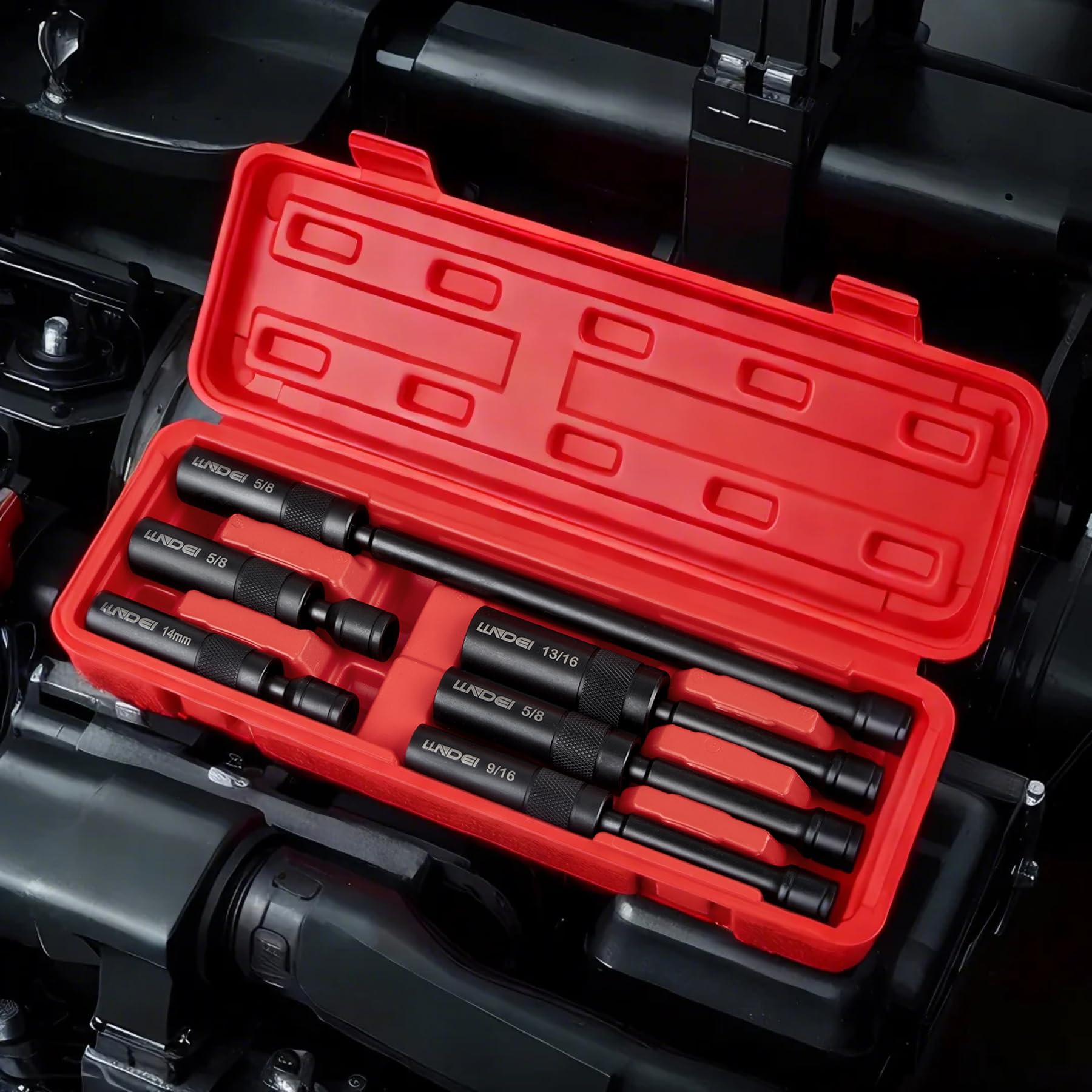 LLNDEI socket in use removing spark plug from engine demonstrating secure grip benefit