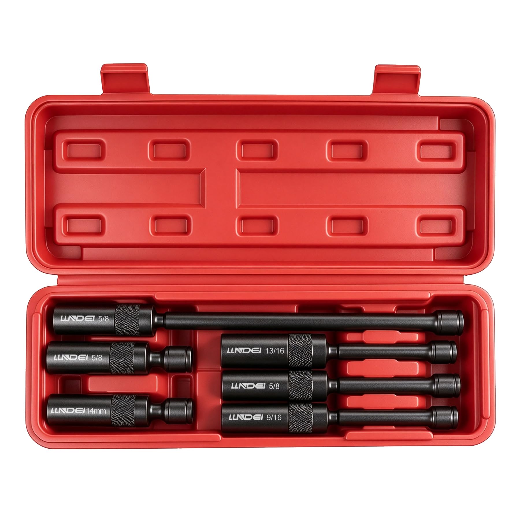LLNDEI socket set front overview showing all six pieces and compact case benefit