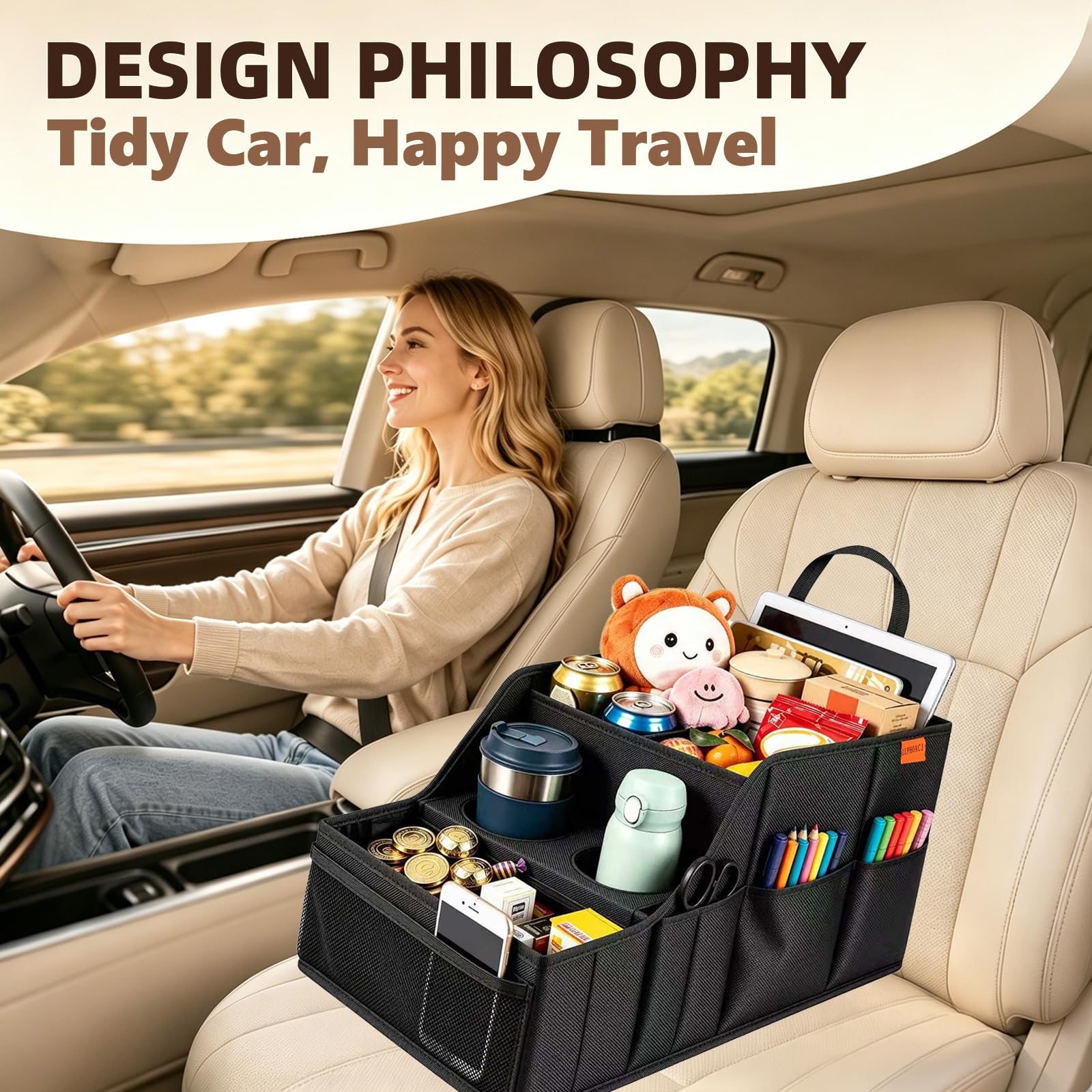 LLPHOACI lifestyle shot in car during family road trip for clutter-free travel