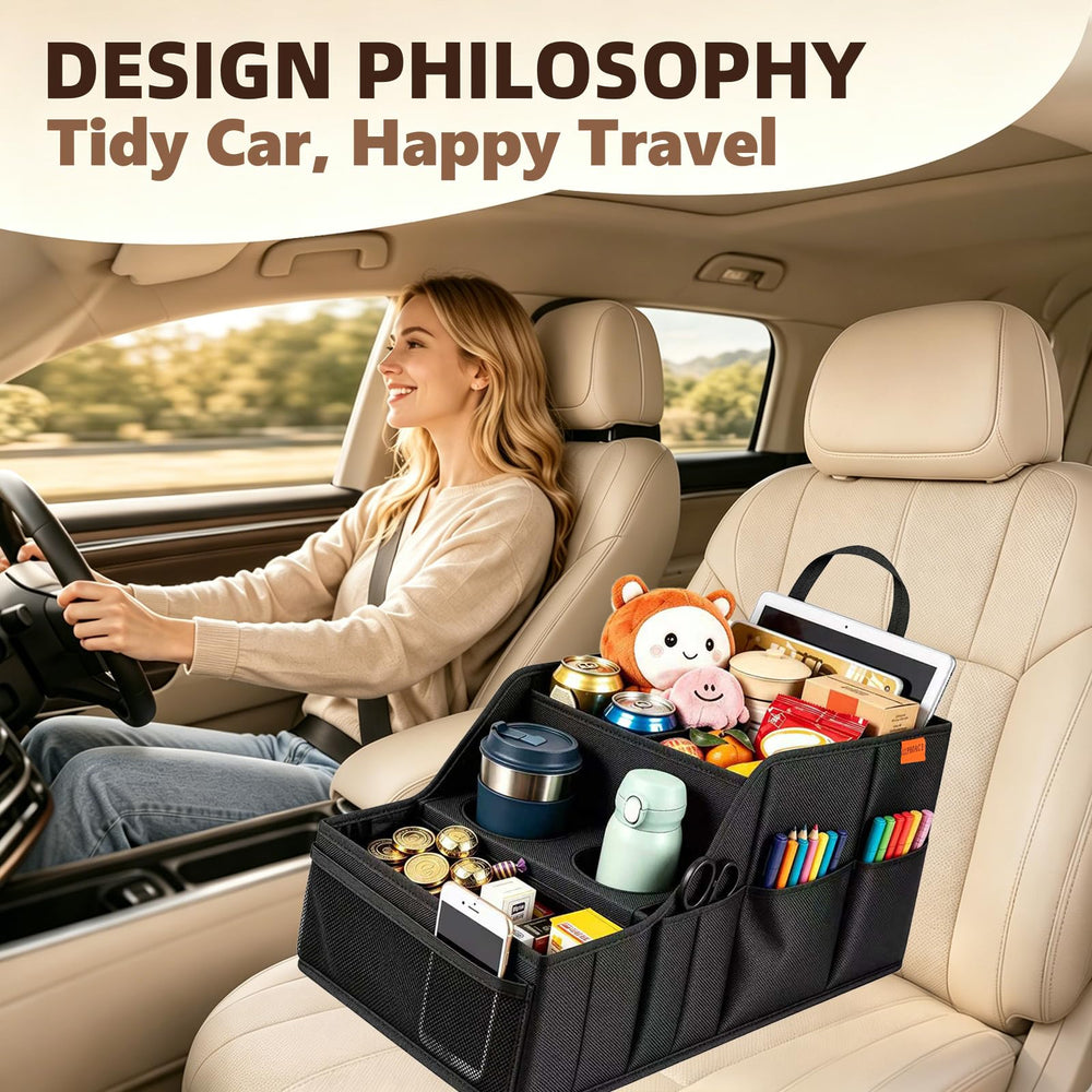 LLPHOACI lifestyle shot in car during family road trip for clutter-free travel