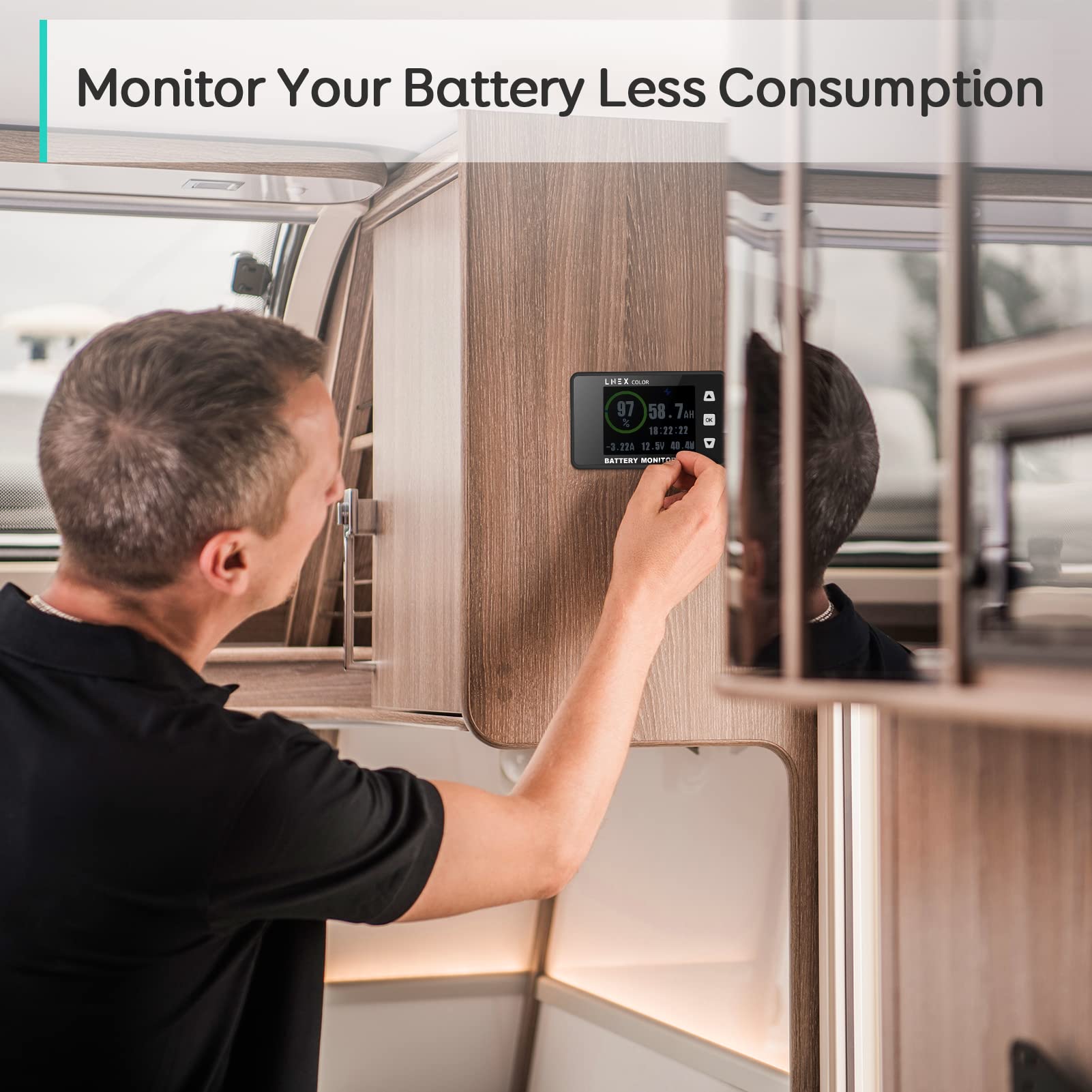 LNEX installed in an RV dashboard providing quick battery status while traveling