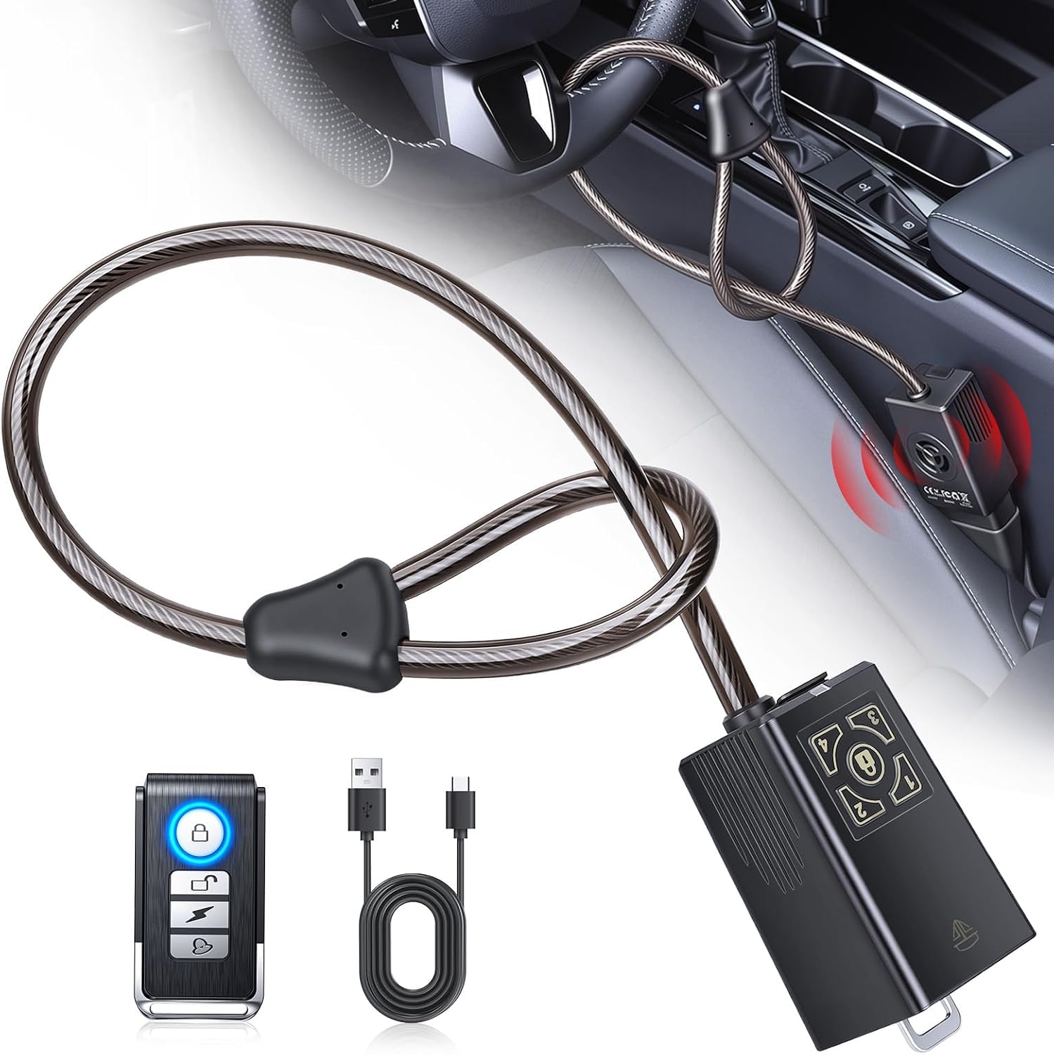 LNKERCO front view locked on steering wheel showing clear theft deterrent