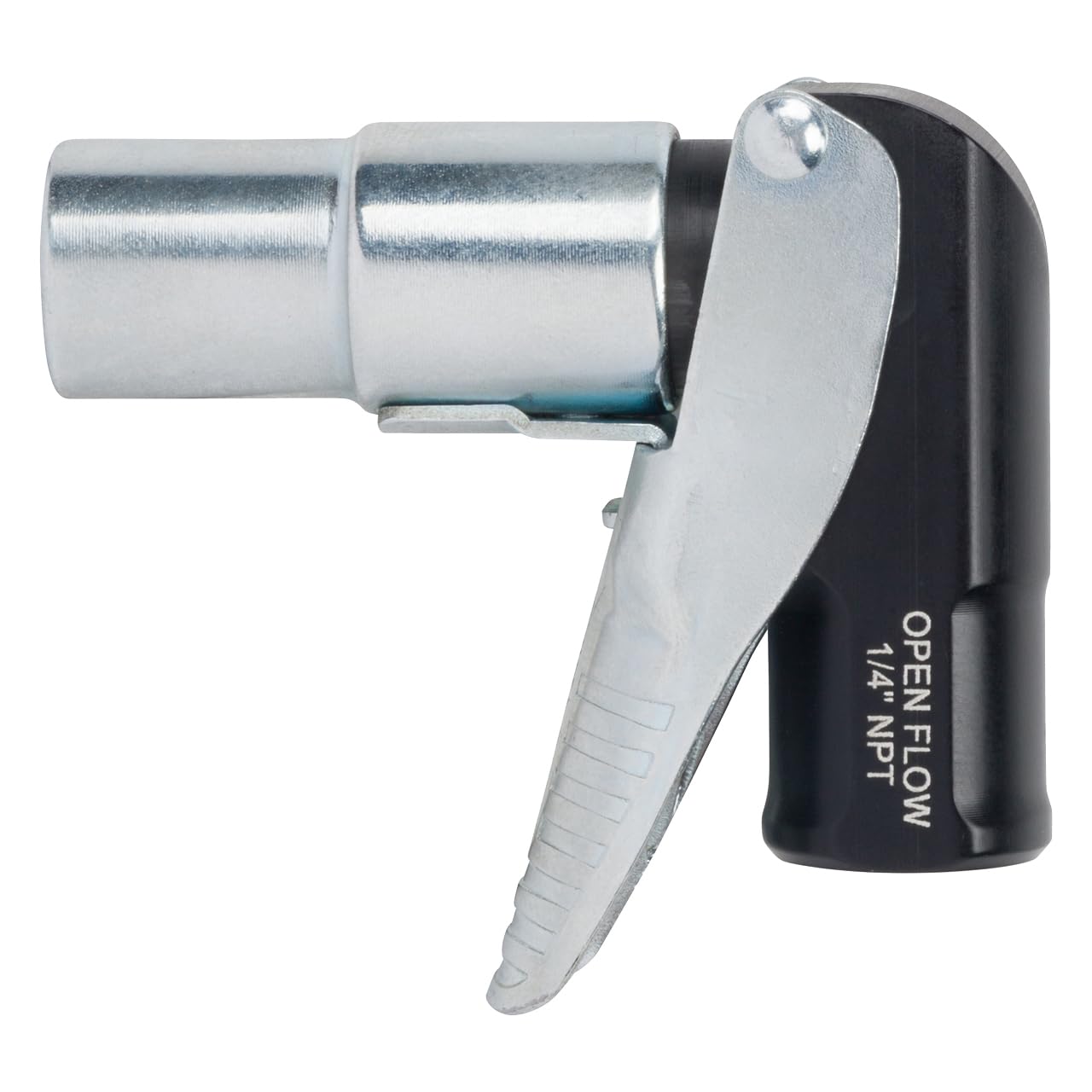 LockNFlate front view of 90° chuck showing right-angle profile and quick connection benefit
